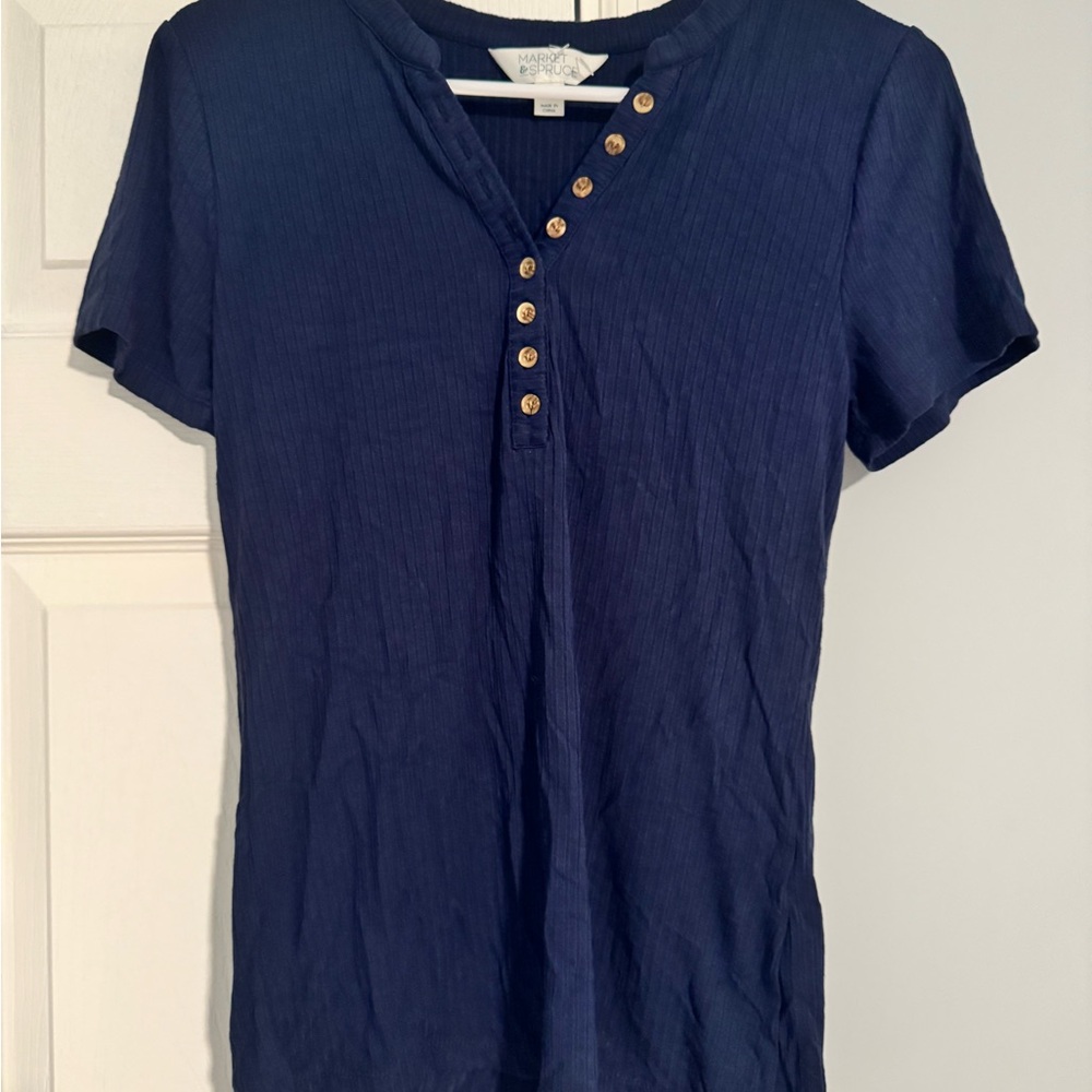 Market & Spruce Navy Ribbed Henley Top Short Sleeve Size M - Picture 2 of 4